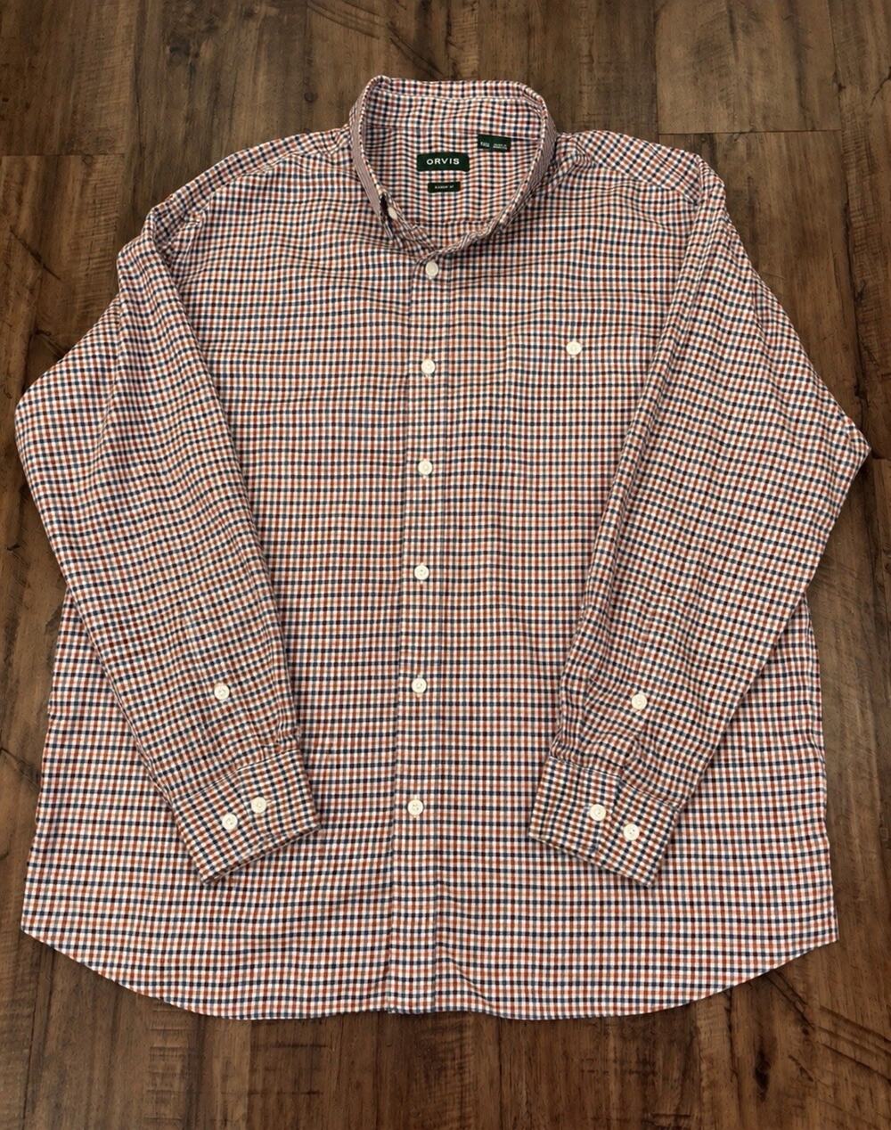 Orvis Classic Fit Wrinkle Free Button Up Shirt Mens XXL Orange Green Plaid